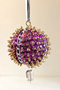 VTG Beaded Sequin Push Pin Christmas Ornament 70s MCM Mod Handmade OOAK Pink Pur - Picture 1 of 9