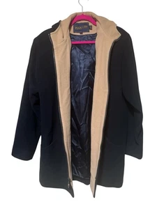 Vintage Pendleton Women's Navy Wool Overcoat Black Sleeves Hood Size 12 - Picture 1 of 11