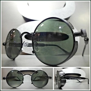 Men's RETRO STEAMPUNK BLINDER Style SUNGLASSES Round Black Frame Dark Tint Lens - Picture 1 of 7