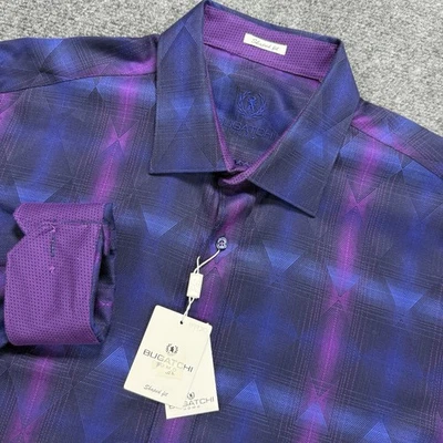 Bugatchi Shirt Mens XL Blue Purple Geometric Diamond Flip Cuff Shiny Button NWT - Image 1 of 4