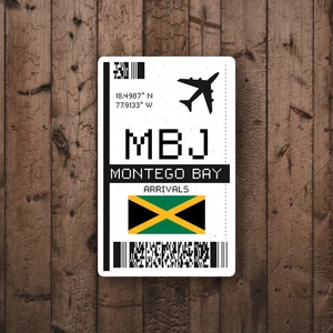 MBJ Montego Bay Boarding Pass Glossy Sticker - Jamaica Travel Sticker - Picture 1 of 4