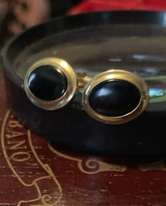 Cuff Links Oval Black Onyx Correct Quality Yellow Gold Filled - Picture 1 of 11