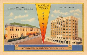 Postal de colección de los años 30 Hotel Falls Buie Clinic Sanatarium Bath House Marlin, TX - Imagen 1 de 2