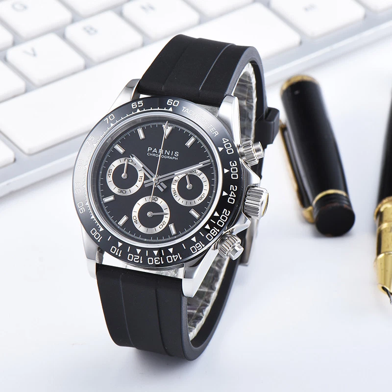 39mm Parnis Men's Chronograph Watch Quartz Movement Sapphire Crystal Rubber Band - Image 1 of 4