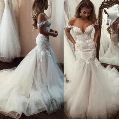 Off Shoulder Wedding Dress Mermaid Chiffon Bridal Dress Backless Lace Decal  HOT - Image 1 of 4