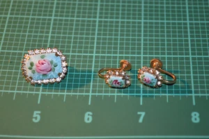 VTG SET Handpainted Enamel Earrings Rose Flower Rhinestone And Brooch - Picture 1 of 8