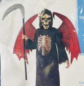 Costume Winged Reaper Kids Halloween Outfit Child Sz Med Robe Mask Hood Wings - Picture 1 of 7