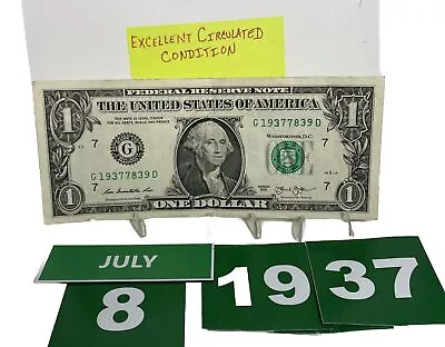 Birthday / 🥳  Anniversary Dollar  July 8 1937. Fancy Serial Number Circulated - Image 1 of 4