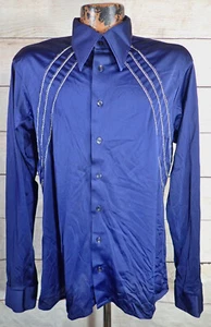 VTG 60s 70s Disco Shirt Navy Mens L Silver Thread Dagger Collar Rockabilly MCM - Picture 1 of 11