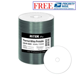 Paquete de 100 discos multimedia en blanco imprimibles Ritek Pro CD-R 52X 700 MB concentrador térmico blanco - Imagen 1 de 7