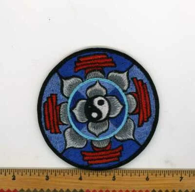 Embroidered Yin Yang Double Dorje & Lotus Blues Patch Fair Trade Nepal 3" Round - Image 1 of 4