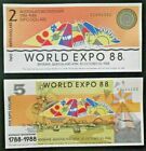 1988 Australia Brisbane World Expo 88 1X $2 & 1X $5 Dollar Paper Notes Unc ????