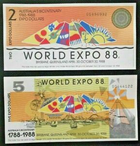 1988 AUSTRALIA BRISBANE WORLD EXPO 88 1x $2 & 1x $5 DOLLAR PAPER NOTES UNC 🇦🇺