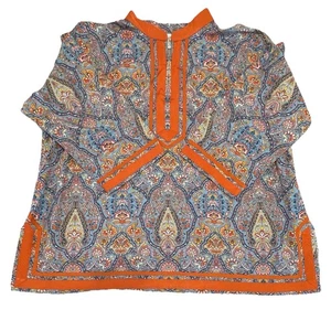 Nicoblu Capri Tunic Blue Flora Medallion Print Orange Trim 100% Cotton Women 4X - Picture 1 of 14