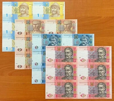 Ucrania, JUEGO COMPLETO DE HOJAS SIN CORTAR x 6 piezas, 1 - 10 Hryven 2015 - 2018 - UNC Foto 1 de 2