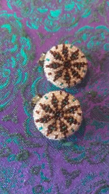 Vintage Native American Hand Beaded Round Medallion Clip on earrings 50s/60s?  - Image 1 of 4