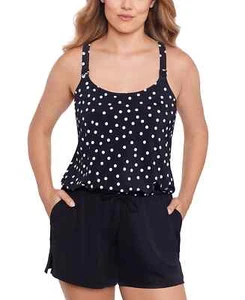 Swim Solutions Sz 16W Romper Swimsuit Swimdress w/Pockets Black Polka Dot - Picture 1 of 14