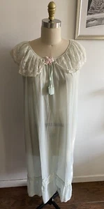 Vintage SAEROA Japanese Nightgown Lace Trim Pink Satin Flower w/Beads Maxi Green - Picture 1 of 9