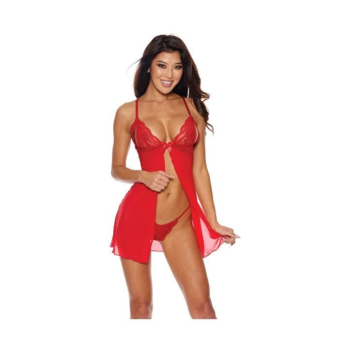 Babydoll delantero de malla y encaje con tanga roja Foto 1 de 1