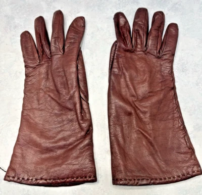 SAKS FIFTH AVE LADIES BROWN LEATHER WINTER GLOVES CASHMERE KNIT LINING SIZE 7 - Image 1 of 4