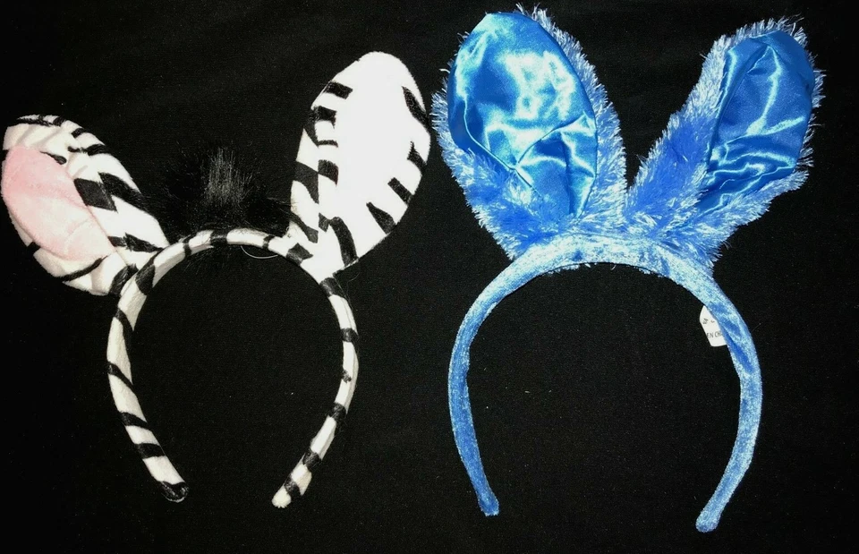 2 boys or girls HEAD BANDS blue bunny ears zebra stripes HALLOWEEN PRETEND PLAY  - Image 1 of 1