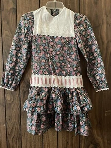 Vintage Peaches & Cream Girls Black/multicolor Floral Ruffle Ribbon Dress Sz 10 - Picture 1 of 10