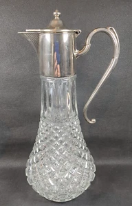 Vintage Cut Glass Claret Jug with Silver Plated Hinged Lid - Height 29cm - Picture 1 of 22