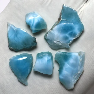 Set 6 Stck. Dominikanische Natürliche Larimar Platten Sammlerstück Poliert Edelstein Kristall Scheibe - Bild 1 von 13