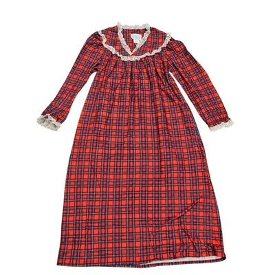 Lanz of Salzburg Flannel Nightgown girls Large 8/10 Lace vintage plaid red  - Image 1 of 4