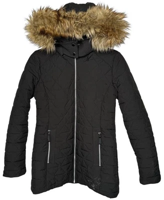 Chaqueta acolchada negra Andrew Marc New York talla S capucha de piel sintética extraíble Foto 1 de 4