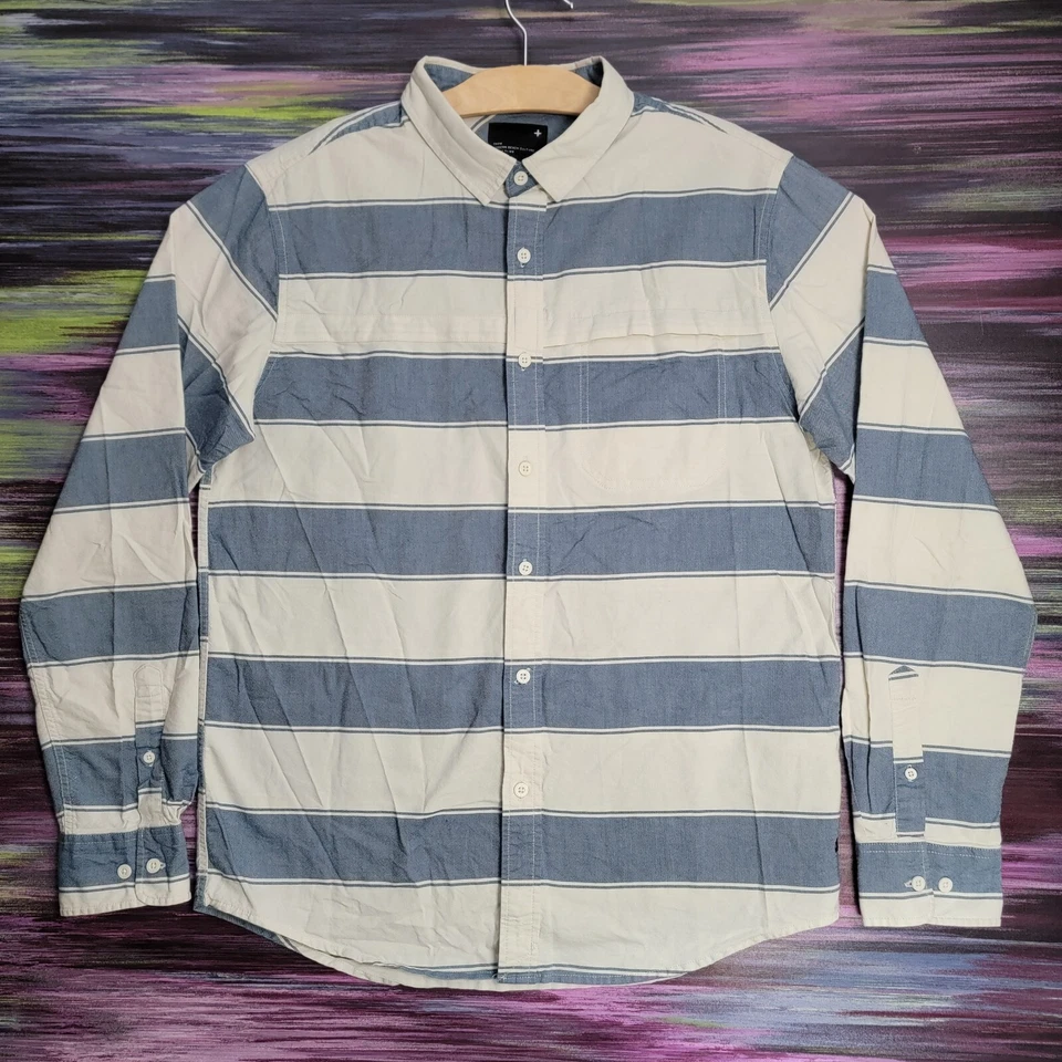 Tavik + Striped Button Up Shirt Sz M Modern Beach Culture Blue White Long Sleeve - Image 1 of 4