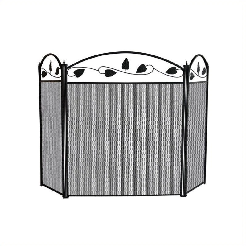 UniFlame S-1037 3 Fold Black Screen With Decorative Leaves
