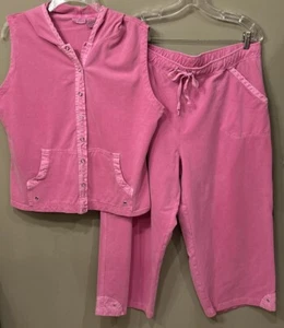 FIELDGEAR PINK HOODED SNAP UP VEST& CROPPED DRAWSTRING WAIST PANTS POCKETS SZ XL - Picture 1 of 8