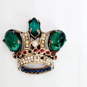 Spilla corona gioiello argento sterling vintage vetro cabachon finto smeraldo Trifari? - Foto 1 di 8