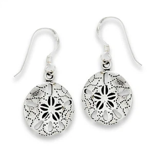 Seashell Dangle Stamped Sand Dollar Ocean Beach Sterling Silver Cutout Earrings - Picture 1 of 2