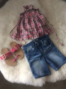Justice Frilly Embellished Cami, Cherokee Jean Capri’s and Gymboree Pink Sandal - Picture 1 of 7