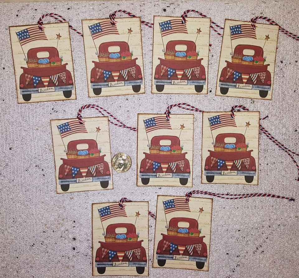 9~Primitive~4th Of July~Patriotic~Red Truck~Linen Cardstock~Gift~Hang~Tags~Ornie - Image 1 of 1