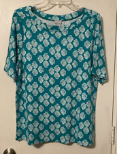 Chicos Size 2 L Shell Print Everyday Tee Tropical Jade Pima Cotton Turquoise