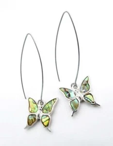 NEW Silver Mother Pearl Shell BUTTERFLY Thin Silver Threader Wire Earrings - Picture 1 of 7