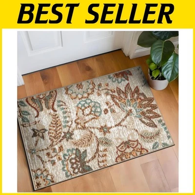 Soft Low-Pile 2' x 3' Beige Area Rug with Floral Design - Fade & Stain Resistant - Image 1 of 4