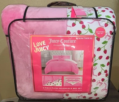 Juego de edredón reversible Juicy Couture Twin/Twin XL de 3 piezas rosa felpa/fresas Foto 1 de 4