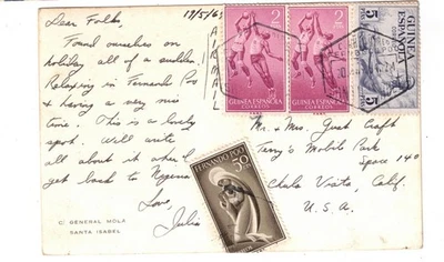 1964 年费尔南多普西班牙几内亚图片明信片到加利福尼亚州丘拉维斯塔 — 第 1/2 张图片