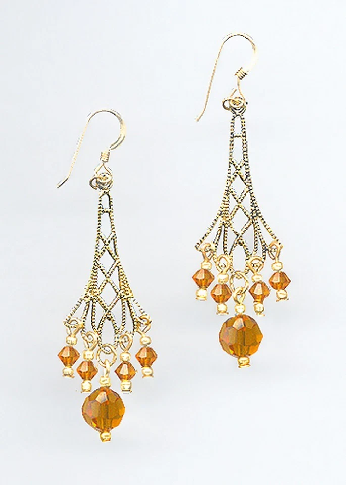 Sparkling Gold Filigree Earrings made with AMBER TOPAZ Swarovski Crystals - Image 1 of 1