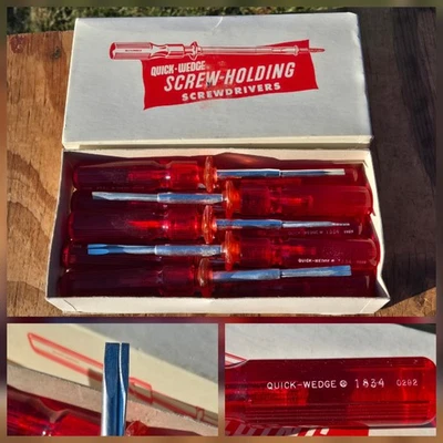 NOS Vintage Quick-Wedge 10pc 1834 Red Handle Flat Screw-Holding Screwdriver Box - Image 1 of 4