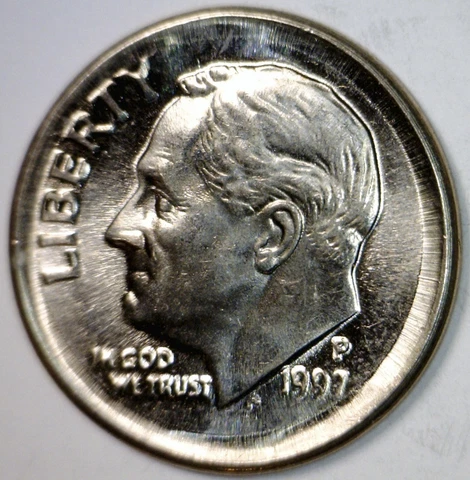 1997 ERROR BIG Broad Struck Roosevelt Dime BU ++ Coin Brd Strike CENT SIZE !  NR Cover