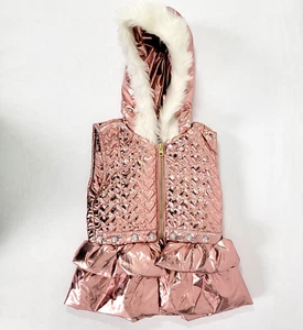 Little Lass Shiny pink heart design Faux trim on hood vest coat Girls Size 5 - Picture 1 of 7