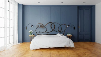 LETTO FERRO BATTUTO AFRODITE MATRIMONIALE BIANCO SATINATO E GRIGIO POLVERE - Immagine 1 di 4