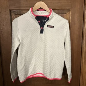 Girls Vineyard Vines Pullover White Quilted With Pink And Navy XL 16 Pink Whale - Picture 1 of 7