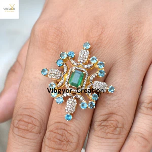 Anillo de diamantes pavimentado natural topacio esmeralda plata sólida 925 joyería enchapada en oro - Imagen 1 de 5
