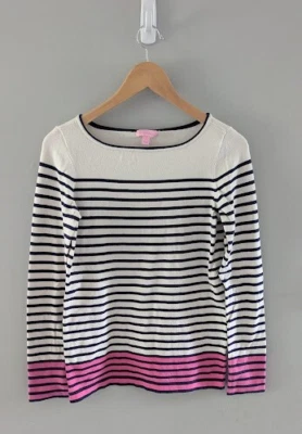 Lilly Pulitzer Sweater Women L Black Pink Stripe Boat Neck Long Sleeve Preppy - Image 1 of 4
